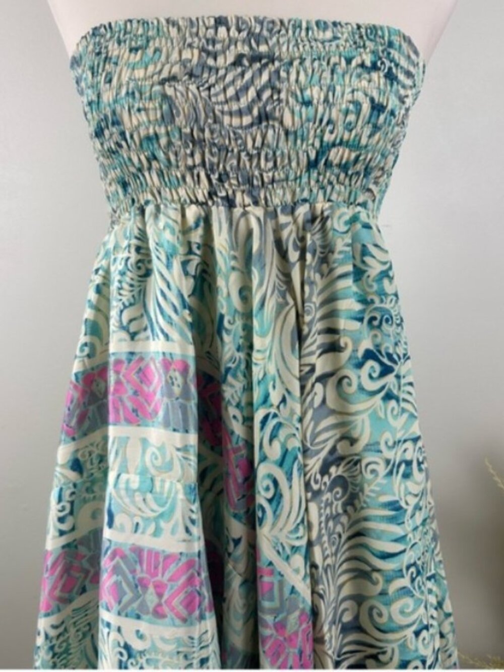 Etc Silk Blend Smocked 2-in-1 Handkerchief Midi Dress Skirt NWOT - Picture 5 of 10